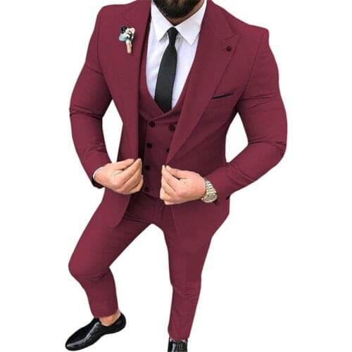 2021 New Designs Casual Burgundy Groom Suit 3 Piece Slim Fit Custom Men Wedding Prom Jacket Vest Pants Dinner Male Dress Tuxedo