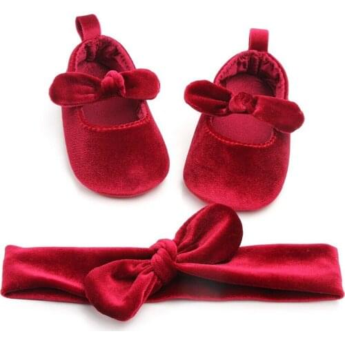 New Cute Baby Girl Bowknot Crib Shoes+Hairband Kids Soft Sole Shoes Newborn Prewalker