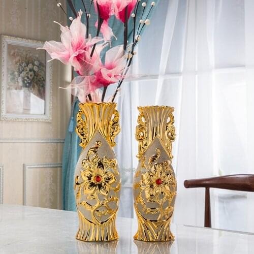 Baroque Rococo style Gilded Flower Holder Porcelain Resin Ceramic Flower Vase Decorative Vases Golden Decoration Plated Vase