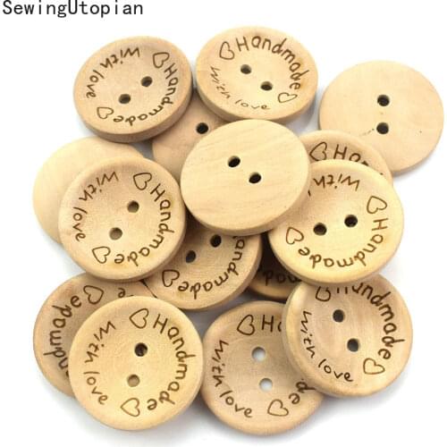 100PCS 15mm Carving Handmade with Love Wood Buttons Flatback 2 Holes Wooden Button Sewing Tools DIY Scrapbook Patchwork Craft