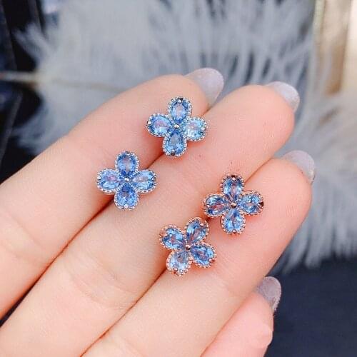 Fashion 100% 925 Sterling Silver Earring Natural Blue Topaz Created Moissanite Gemstone Flowers Ear Studs Earrings Fine Jewelry