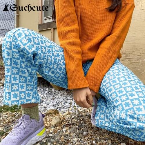 SUCHCUTE Flower Print Patchwork High Waist Straight Pants For Women Vintage Aesthetic Casual Trousers Korean Style 90s Capris