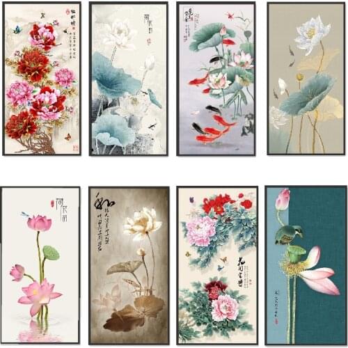 Chinese Style Lotus Peony with Letters Vintage Posters Prints Canvas Painting Wall Art Decor Pictures for Living Room Home Decor