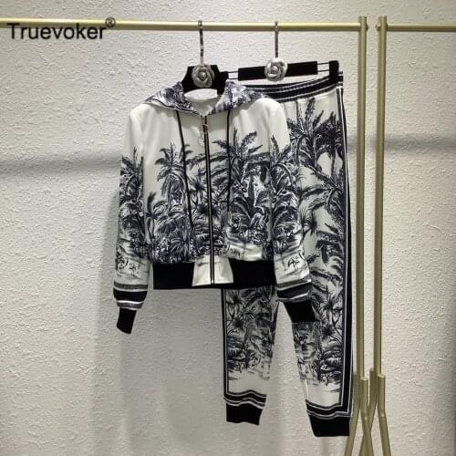 Truevoker Autumn Runway Fashion Pant Sets Women Full Sleeve Vintage Trees Print Hoodies + Pant Suit Casual Clothing Sets