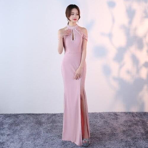 Pink Short Sleeves Evening Dress Sequins Empire Mermaid High Neck Pleat Floor-length Plus size Women Formal Party Dresses C1361