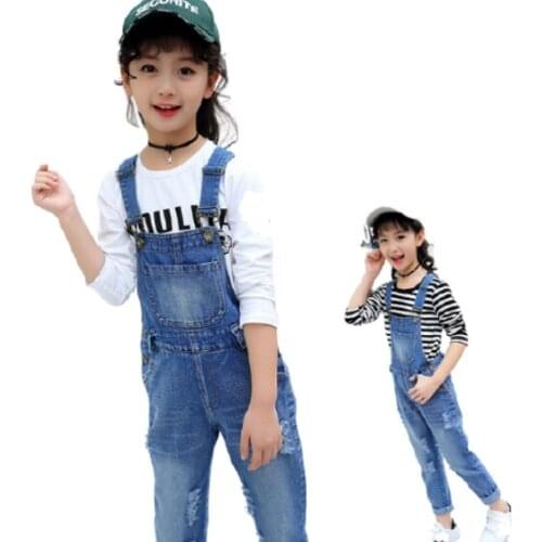 4 6 8 10 12 14 16 Years Girl Ripped Denim Overalls Kids Causal Jeans 2021 Spring Autumn Children Jeans Overalls
