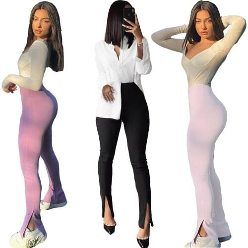 European and American sexy womens fashion personality Pure color casual tight-fitting split pants casual pants