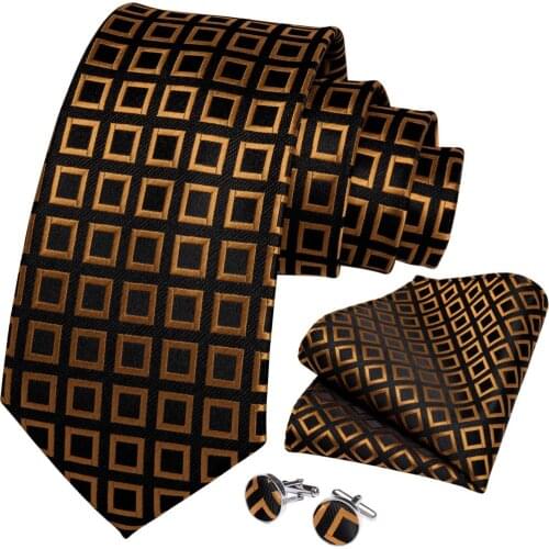 Men Tie Gold Black Plaid Novelty Design Silk Wedding Tie for Men Handky cufflink Gift Tie Set DiBanGu Party Business SJT-7303