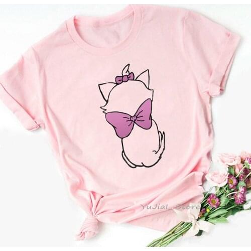Cute Mary Cat Cartoon Print Tshirt Women Harajuku Kawaii Clothes Pink Bow T Shirt Summe Fashion Female T-Shirt Dropshipping