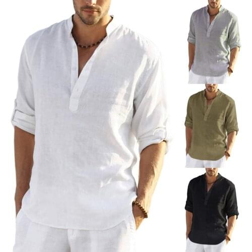 Vintage Men Casual Shirt Long Sleeve Cotton Linen Stand Collar Solid Business Streetwear Men Harajuku Cotton Linen Shirts#f3