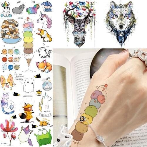 Flash Children Hand Arm Cartoon Cats Ice Cream Tattoos Sticker Watercolor Unicorn Kids Tatto Women Face Wrist Fake Tattoo Sheets