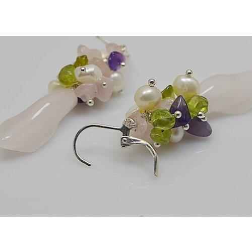 New Unique Pearls Jewellery Store Multicolor Real Stone Earring Pink Color Trumpet Flower Rose Quarts Gem-stone Silver Earrings