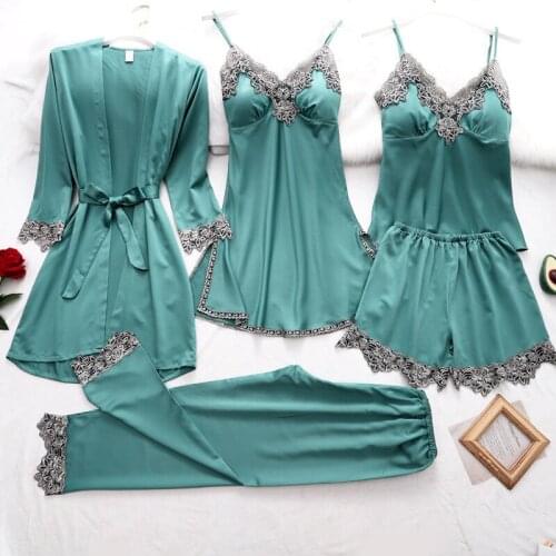 Summer Autumn Satin Silk Womens Pajama Sets Sexy Lace Sleepwear Elegant Homewear Female Robe Suit Loose Nightwear Home Clothes