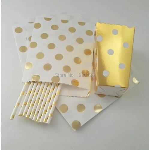 Chevron Striped Dot Shiny Gold Products Party Favor Drinking Straws, Metallic Gold Popcorn Boxes, Candy Gift Treat Bags