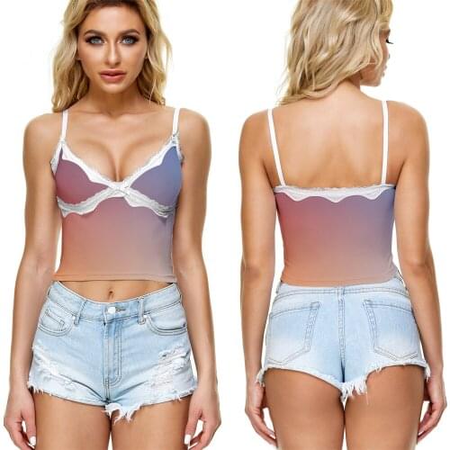 Popular Gradient Color Vest Womens Lace Suspenders Sleeveless Casual T-shirt Summer Female Sexy Tops Ladies Girls Vest T-shirt