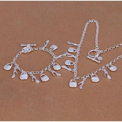 S131 Charm Silver Color 925 Jewelry Sets For Women Fashion Jewelry High Heels & Purse Bracelet Necklace S131 /akrajbya Awjajnqa