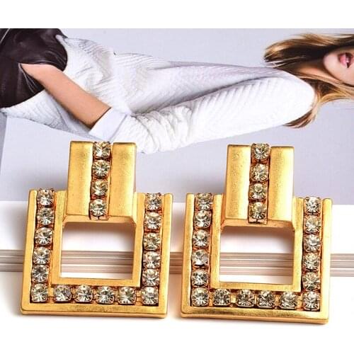European and American style geometric goldearrings high quality square crystal hanging earrings fashionfashion femaleaccessories