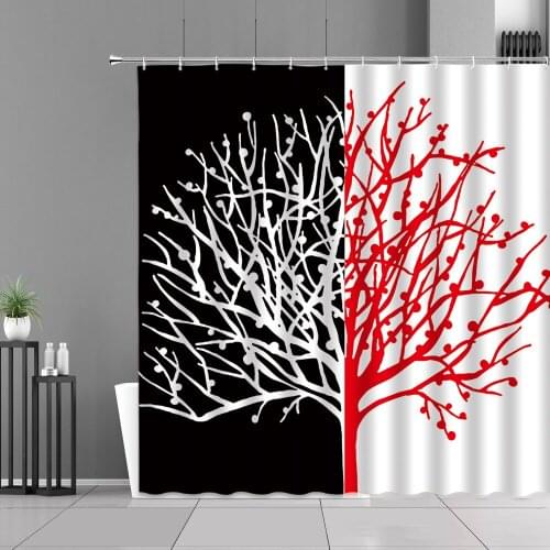 Modern Creative Design Shower Curtain Black And White Red Tree Branches Forest Bird Scenery Waterproof Fabric Bathroom Curtains