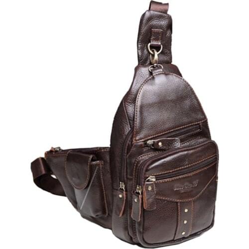 Men Sling Bag Genuine leather Cowhide Travel Retro famous brand Studded Messenger Shoulder Sling Day Pack Chest Bag