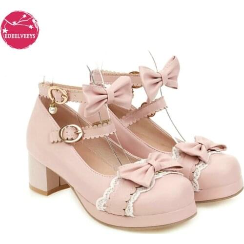 Lolita Girls Mary Janes Shoes Bowknot Princess Ruffles Japan Sweet Bride Wedding Party Dress Pumps Cosplay Pink Plus Size 34-48