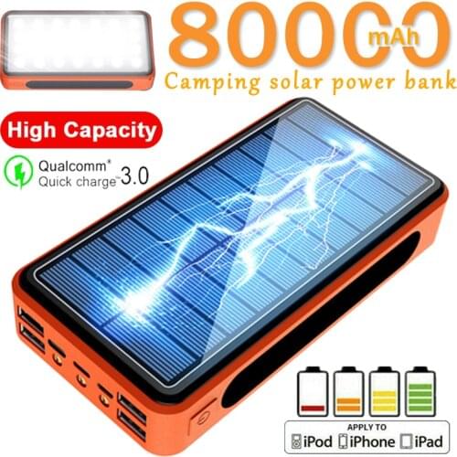 Solar Power Bank 80000mAh Big Capacity 4USB Port Solar Charger for Xiaomi IPhone Camping Light PoverBank External Battery