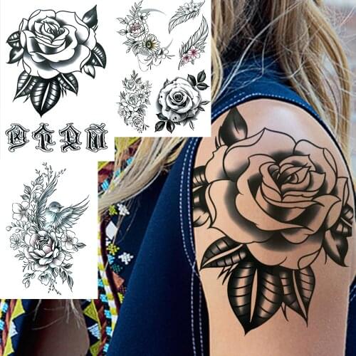 Black Rose Flower Temporary Tatttoos For Women Girls Fake Peony Bird Feather Big Tattoos Sticker Moon Jewelry Transfer Tatoos