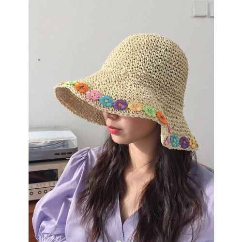 Ladies Bucket Hat Crochet Straw Hat Female Wild Summer Sunshade Fisherman Hat Sun Protection
