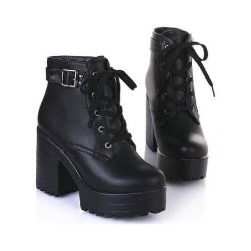 New 3 Color Winter Lace-Up Sexy Women Boots Fashion Platform high square heels Black Buckle Ankle boots Plus Size 35-43