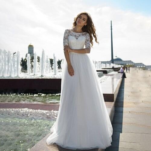 Stylish Wedding Dress O-Neck Lace Long Sleeve Bridal Gowns Sweep Train A-line Tulle Wedding Dress with Applique