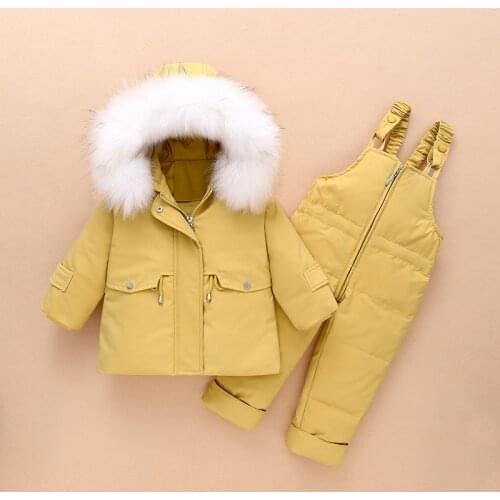 Winter Childrens Down Jacket With Big Fur Hooded Winter Clothes Overalls Solid Color Snow Kids Fashion Newborn Baby Jumpsuit