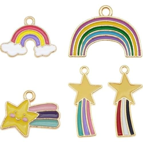 Julie Wang 5PCS Enamel Charms Mixed Cartoon Rainbow Meteor Star Gold Tone Pendant Bracelet Alloy Jewelry Making Accessory