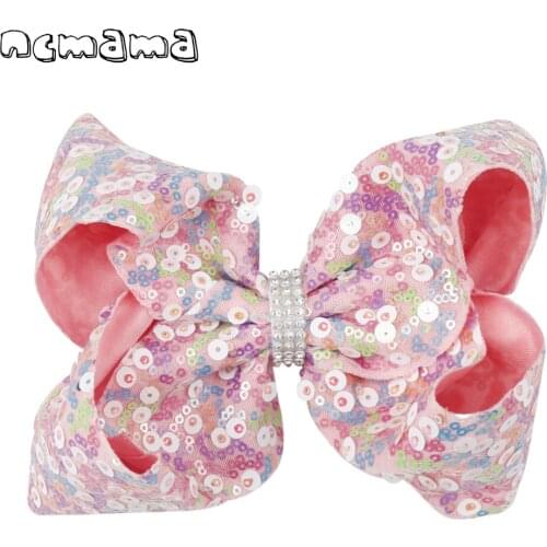 Ncmama Hair Accessories Hair Bows For Girls Sequin Rainbow Hair Clips With Rhinestone 7 Inch Hairgrips Headwear