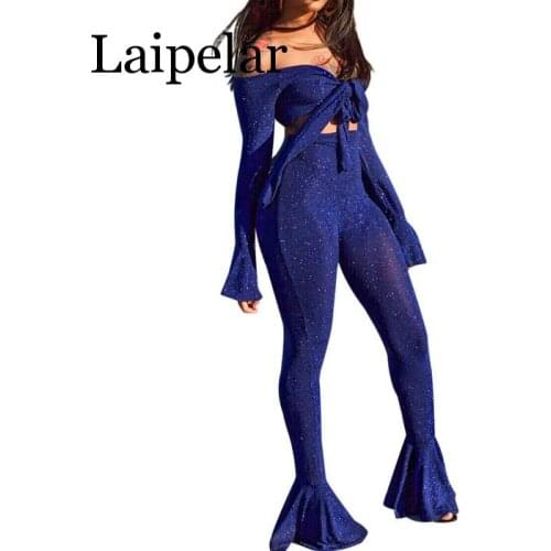 Shining Silver Wire Two Piece Set Tie Bow Off Shoulder Long Bell Sleeve Crop Top Skinny Flare Pants High Stretchy Outfit