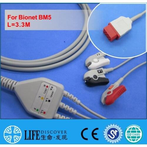 One piece ECG cable with 3 clip lead wires for Bionet BM5 patient monitor