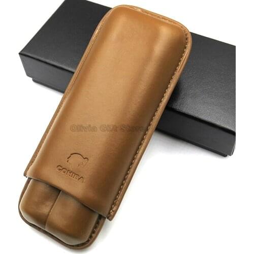 COHIBA Brown Genuine Leather Cigar Travel Case Portable 2 Fingers Humidor Outdoor Cigar Box Gift Set Smoking Tool