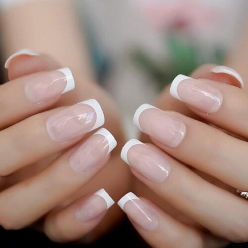 Long Squoval Pink White Edge Gel Tips Decoration Nails False Hand Dummy Fake Nails Stick On Nails Fingernails Reusable Nails