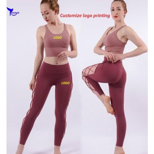 Breathable Mesh Patchwork Leggings+Bandage Bra 2Pcs Sport Suit Women Yoga Running Set Gym Fitness Sportswear Clothing Custom