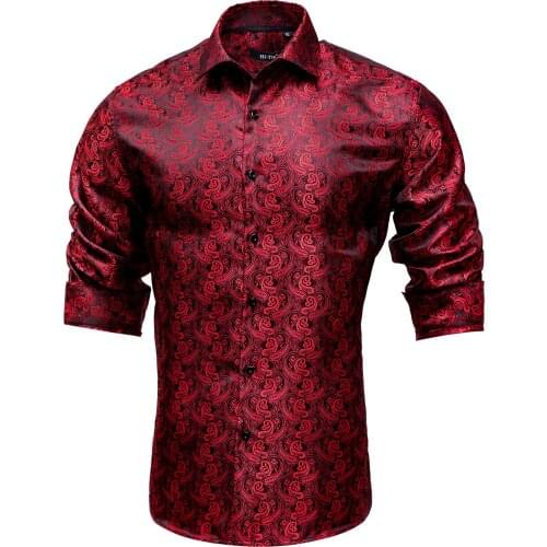 Hi-Tie Burgundy Red Paisley Casual Mens Shirt Luxury Silk Shirt For Men Wedding Dress Fashion Slim Fit Long Sleeve dropshipping