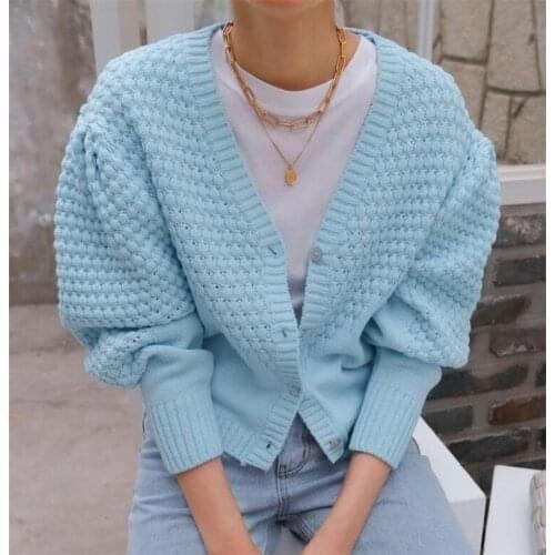 New 2020 Womens Sweaters Cardigan Knit Autumn Winter Fashionable Buttons Up Puff Sleeve Short Cropped Cardigans Knitwear Tops