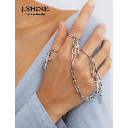 JShine Punk Silver Color Cross Jesus Ring Hand Chain Vintage Adjustable Tassel Rings Hip Hop Ring Women Men Finger Jewelry