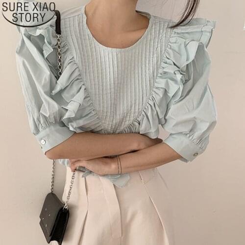 Korean Ruffles Summer Puff Short Sleeve Blouses Women Tops Sweet Blusas Stitched Loose Bubble Sleeve Shirt Tops for Girl 14326