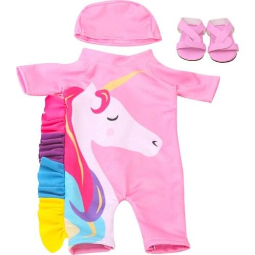 18 inch Girls doll bathing suit Unicorn bikini swim cap swimsuit with shoes American born Baby toys fit 43 cm baby dolls c180