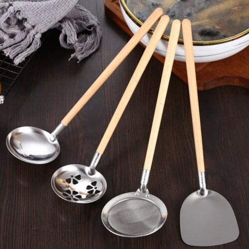 4PCS Stainless Steel Spatula Japanese Style Wooden Handle Small Shovel Soup Spoon Colander Kitchen Cooking Utensils