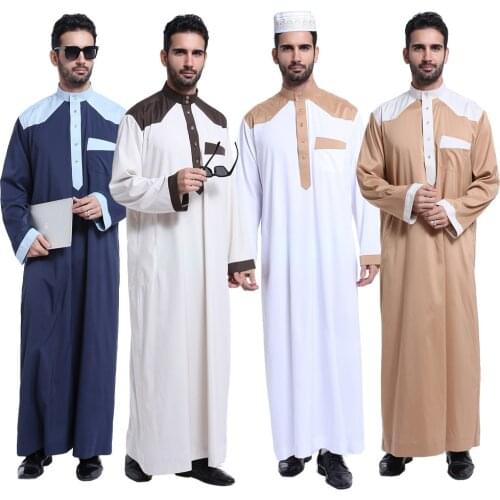 Nieuwe Moslim Marokkaanse Lange Mouwen Islamitische Mannen Splicing Effen Kleur Gewaad Arabische Kaftan Saudi Dubai Kleding