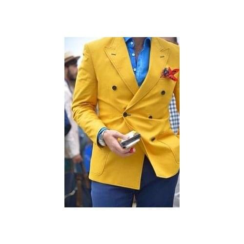 2017 Latest Coat Pant Designs Yellow Double Breasted Men Suit Jacket Casual Slim Fit Tuxedo Style 2 Piece Prom Blazer Vestidos