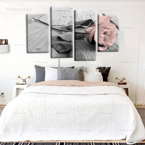 4 Pieces No Frame Modern Pink Rose Floral Canvas Painting Wall Art Pictures Print Canvas Art Painting Home Decor for Bedroom