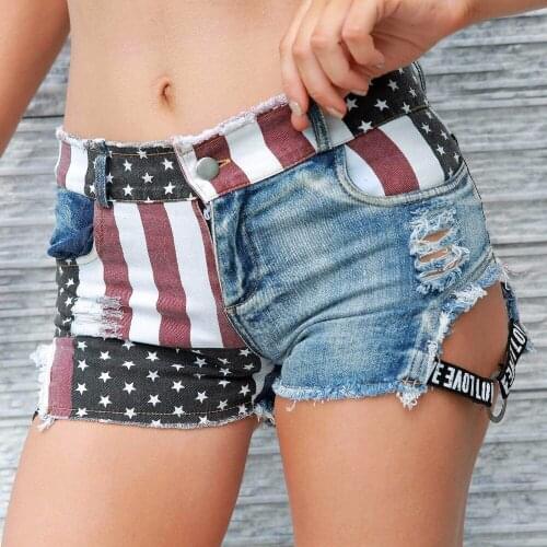 New 2020 Sexy Womens High Waist Hole Daisy Duke Ripped Denim Shorts American Flag Printed Denim Thong Shorts