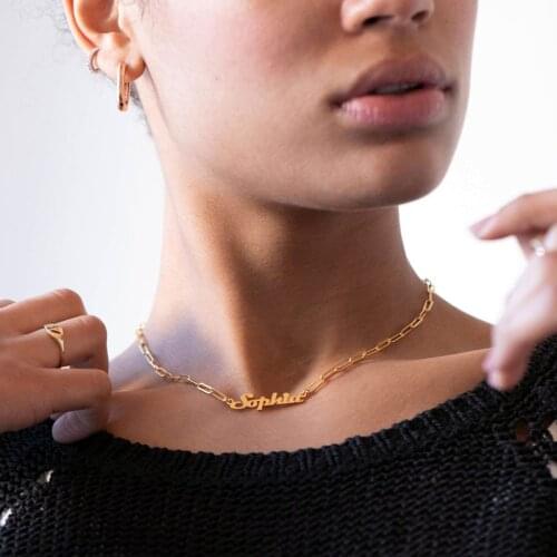 Necklace for Women Stainless Steel Choker Pin Chain Jewelry Old English Name Personalized Customized Neck Pendants Handmade Gift