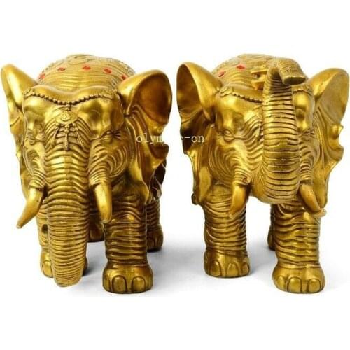 Pair 16'' brass copper home fengshui auspicious animal treasure fortune Elephant