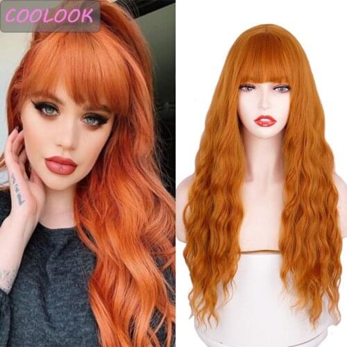 24''loose Wave Wigs for Black Women African American Body Wave Orange Wigs with Bangs Heat Resistan Fibre Finger Wave Lolita Wig